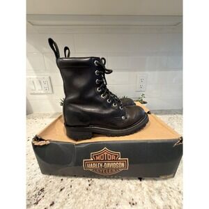 Harley-Davidson Size 7 Black Leather Moto Combat Boots Side Zip Lug‎ Sole